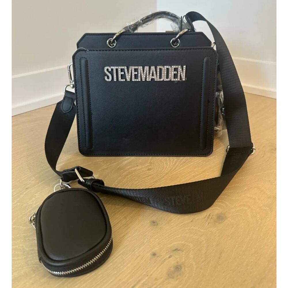 RARE NWT STEVE MADDEN BEVELYNG CROSSBODY SATCHEL W/RHINESTONE LOGO Black VIRAL - Picture 12 of 14